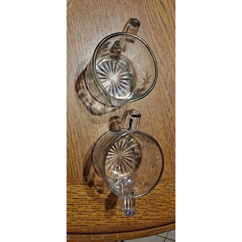 CREAMER‎ And SUGAR BOWL Vtg Heavy Glass Open Sugar 2 Handle Starburst Design ...